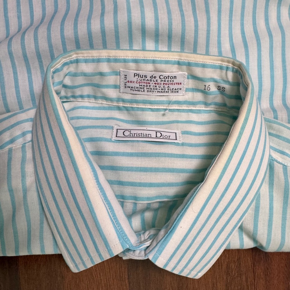 Christian Dior 80s Striped Short Sleeve Shirt Turquoise/Mint Green Mens Size 16 - Picture 7 of 8